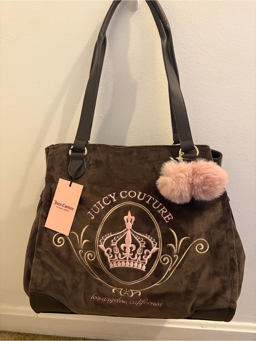 Juicy Couture Brown Velour Tote with Pink Embroidery and Pink Pom